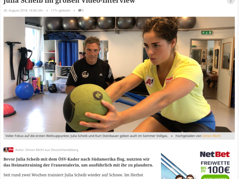 Bild zeigt einen Screenshot des Online-Interviews der Wochenzeitung Woche Deutschlandsberg mit Skifahrerin Julia Scheib.