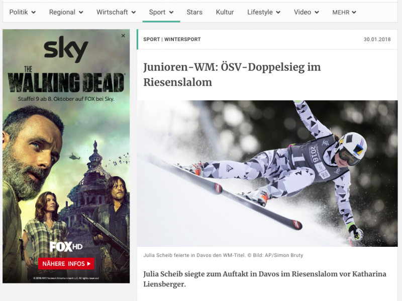 Bild zeigt einen Screenshot des Online-Artikels auf Kurier.at mit Skifahrerin Julia Scheib.