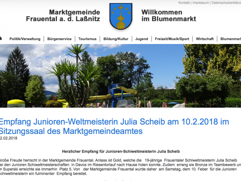 Screenshot des Eintrags über Skifahrerin Julia Scheib beim Empfang der Marktgemeinde Frauental an der Laßnitz.