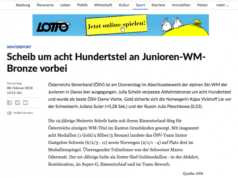 Bild zeigt einen Screenshot des Online-Artikel der Tageszeitung Salzburger Nachrichten mit Skifahrerin Julia Scheib.