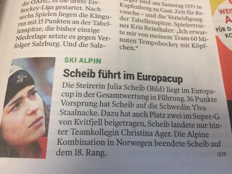 Bild zeigt einen Scan eines Zeitungsartikels der ÖSV Skirennläufern Julia Scheib in der Kleine Zeitung am 9.12.2018.
