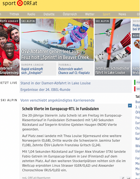 Bild zeigt Screenshot vom ORF Sport Online-Artikel über Julia Scheib am 30.11.2018.