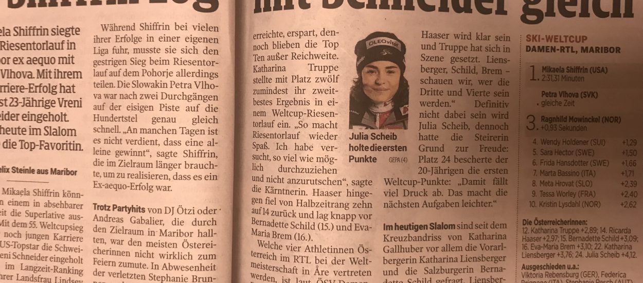 Bild zeigt einen Zeitungsartikel über Julia Scheib in der Kleinen Zeitung vom 2. Februar 2019