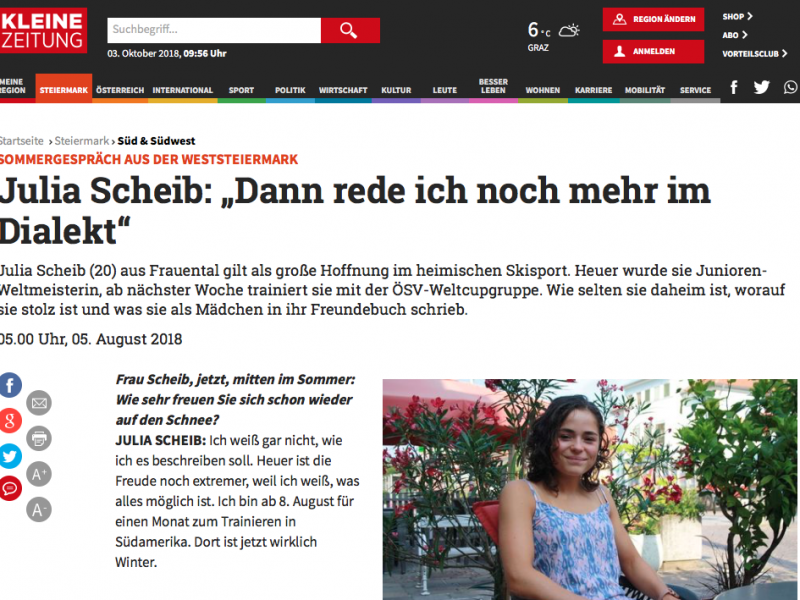 Bild zeigt einen Screenshot des Online-Interviews der Tageszeitung Kleine Zeitung mit Skifahrerin Julia Scheib.