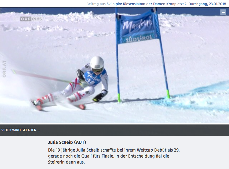 Bild zeigt Screenshot vom ORF Beitrag über Julia Scheib bei ihrem Weltcup-Debüt beim Riesentorlauf am Kronplatz 2018.