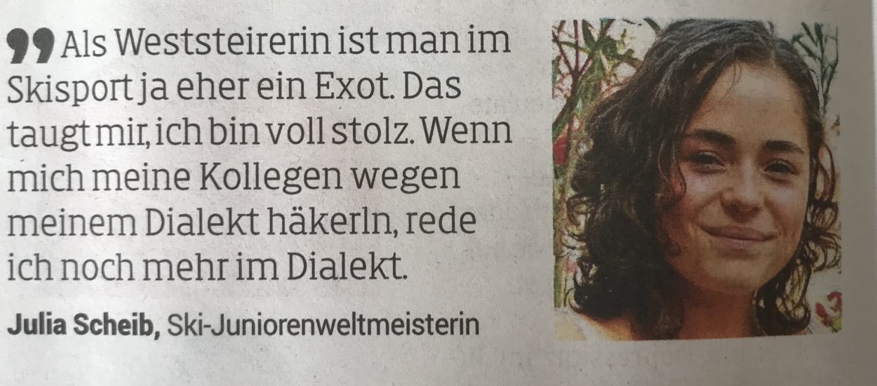 Bild zeigt einen Scan eines lustigen Kommentars der ÖSV Skirennläufern Julia Scheib in der Kleine Zeitung am 19.9.2018.