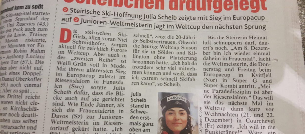 Bild zeigt einen Scan eines Zeitungsartikels über Skifahrerin Julia Scheib am in der Kronen Zeitung 10.12.2018.