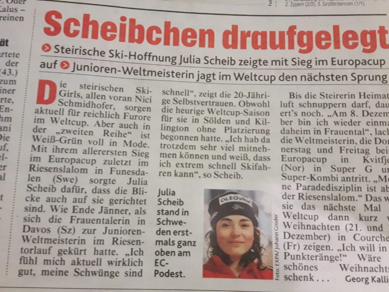 Bild zeigt einen Scan eines Zeitungsartikels über Skifahrerin Julia Scheib am in der Kronen Zeitung 10.12.2018.
