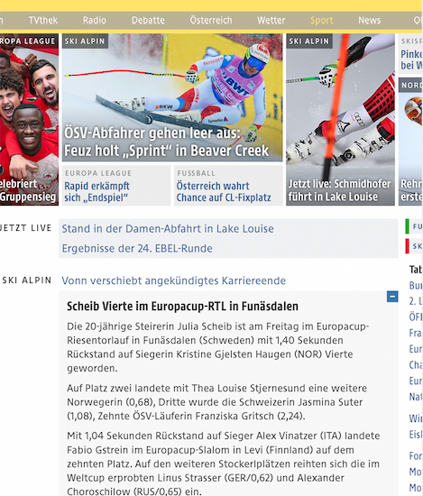 Bild zeigt Screenshot vom ORF Sport Online-Artikel über Julia Scheib am 30.11.2018.
