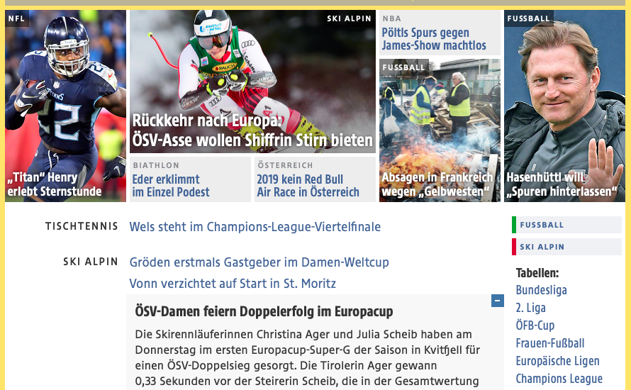 Bild zeigt Screenshot vom ORF Sport Online-Artikel über Julia Scheib am 6.12.2018.